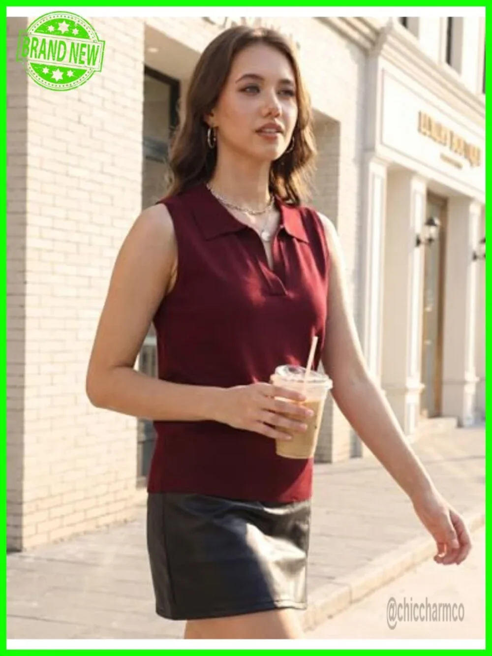 Sleeveless V-Neck Polo Sweater Lightweight Ribbed Knit Top